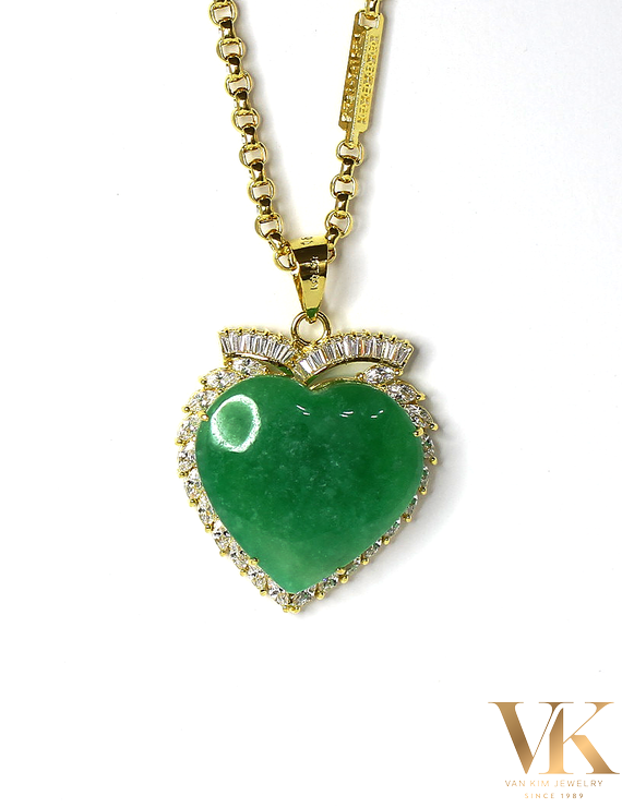 Mề Đay Ngọc Cẩm Thạch Trái Tim Viền Đá Baguette 1KQ000210